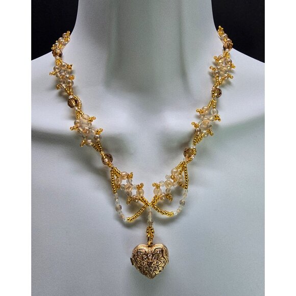 Handcrafted 18k Gold Plated Heart Locket Peach Zircon & Prehnite Beaded Necklace - Picture 3 of 10